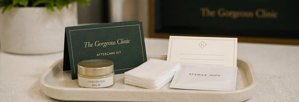 Photorealistic close-up of an aftercare kit on a cream ceramic tray, small jar of unscented balm, gauze, sterile wipe packet, appointment card without readable text, soft gold and forest green accents, single focal point.