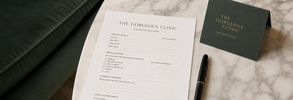 Photorealistic close-up of a consultation form on a marble-surface, pen and folded appointment card, forest green upholstery corner visible, calm warm light, single focal point, premium clinic-feel.