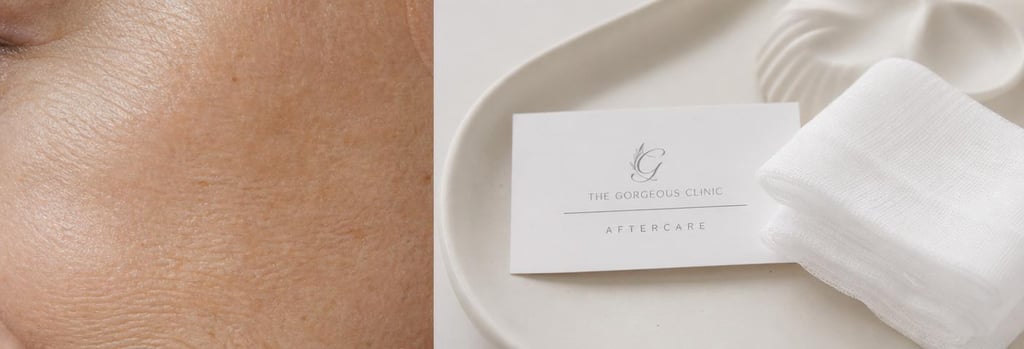 Photorealistic macro image of mature skin texture beside a small sterile aftercare card and folded gauze on a cream ceramic tray, soft clinical lighting, negative space, elegant medical detail.