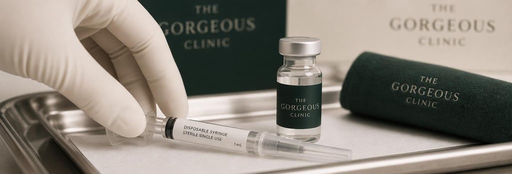 Photorealistic close-up of a capped syringe labelled generically and a small vial on a sterile tray, gloved hand reaching, soft cream and forest green tones, premium clinical editorial feel, no blood or procedure imagery.