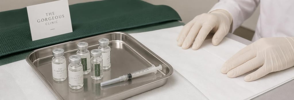 Photorealistic still life of sterile tray with glass vials, a single capped syringe and gloved hands preparing a sterile field, warm clinical tones with forest green accent, negative space, editorial medical detail.