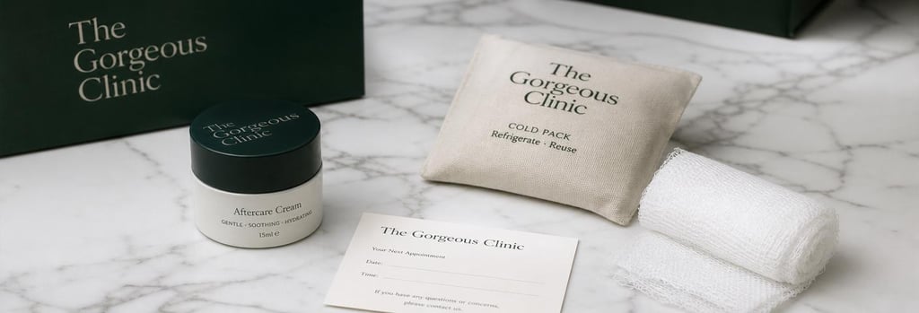Photorealistic still life of an aftercare kit: small cream jar, cold pack in cream fabric, appointment card (unreadable), and cotton gauze on a marble surface, soft clinical lighting, forest green accent, editorial medical detail.