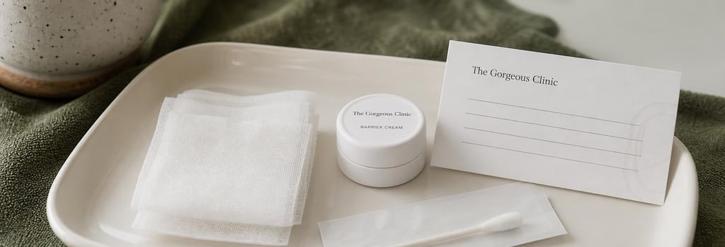 Photorealistic still life of aftercare items on a cream ceramic tray: sterile gauze, small pot of barrier cream, appointment card without readable text, soft forest green cloth background, elegant clinical composition.