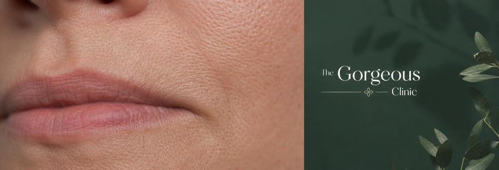 Photorealistic macro image of mature perioral skin texture showing natural pores and fine lines, soft clinical lighting, shallow depth-of-field, subtle forest green background accent, editorial medical-aesthetic feel, no people.