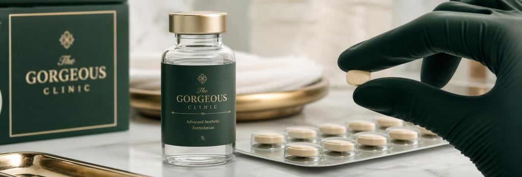 Photorealistic close-up of glass vial, blister pack of tablets and gloved hand holding a single tablet, clean clinical lighting, forest green and warm cream accents, editorial medical-aesthetic still life.