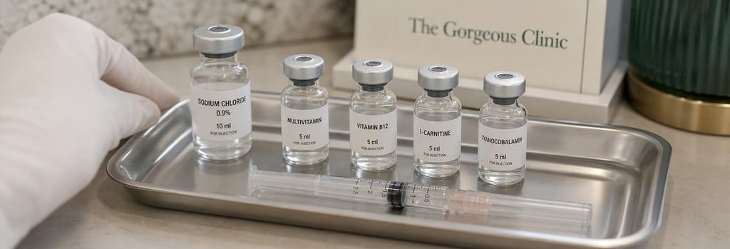Photorealistic still life of sterile tray with labelled glass vials and a single capped syringe, gloved hand slightly out of focus, soft cream and forest green accents, editorial clinical detail, no branding.