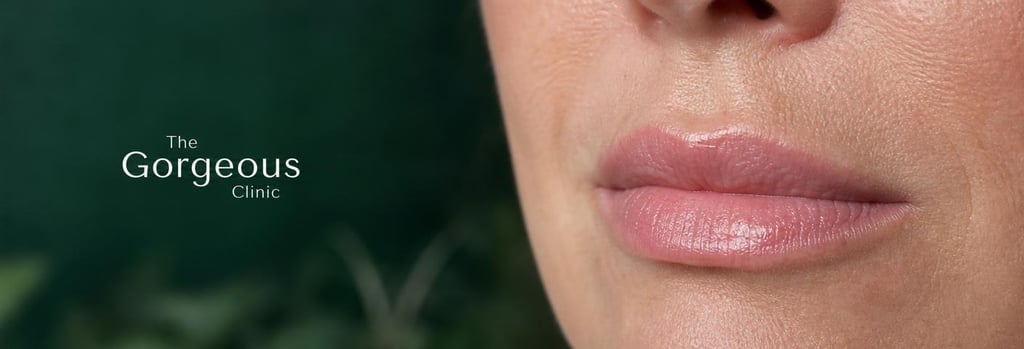 Photorealistic close-up of lips in soft clinical lighting, natural mature skin texture, slight post-treatment gloss, negative space, forest green background blur, editorial medical-aesthetic feel, no needles shown.