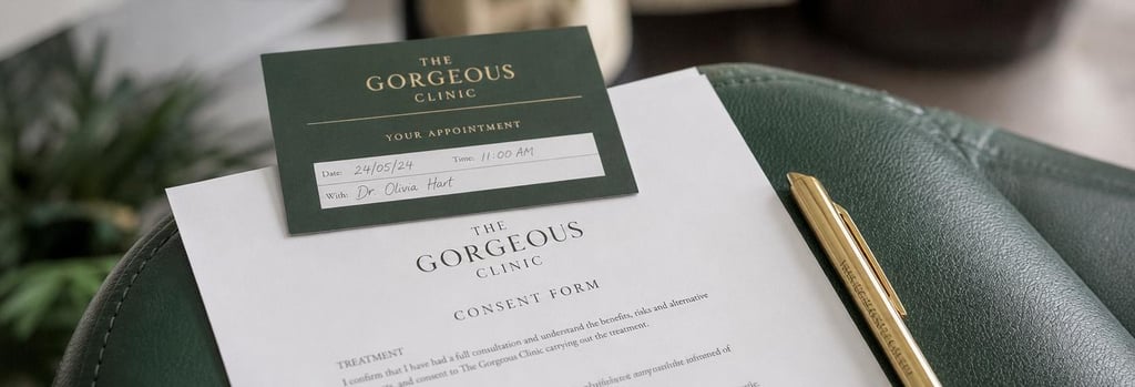 Photorealistic close-up of a clinic appointment card and consent form on a forest green treatment chair arm, soft gold pen beside them, shallow depth of field, editorial composition implying clinic choice and next steps.