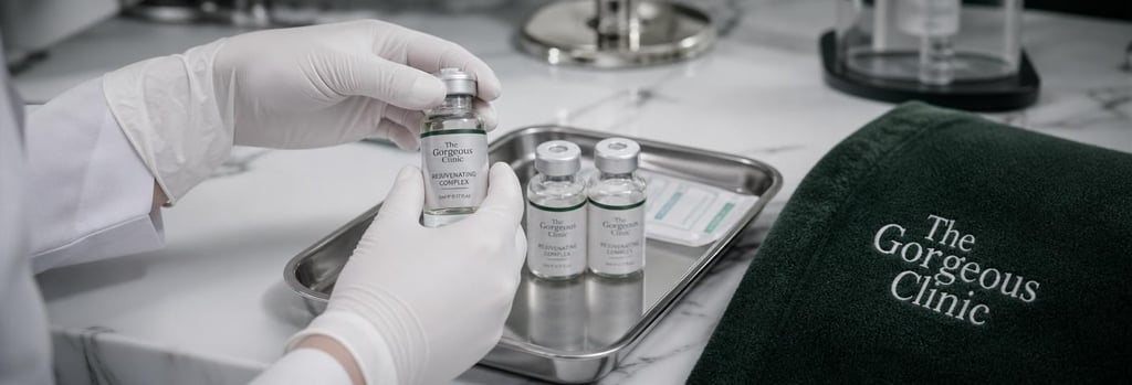 Photorealistic still life of sterile tray with glass vials and gloved hands, clinical surface with forest green cloth detail, soft clinical lighting, editorial composition signalling safety and review.