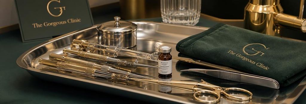 Photorealistic close-up of polished medical instruments and a small labelled (non-readable) vial on a sterile tray, warm gold highlights, forest green cloth, editorial clinical review composition.