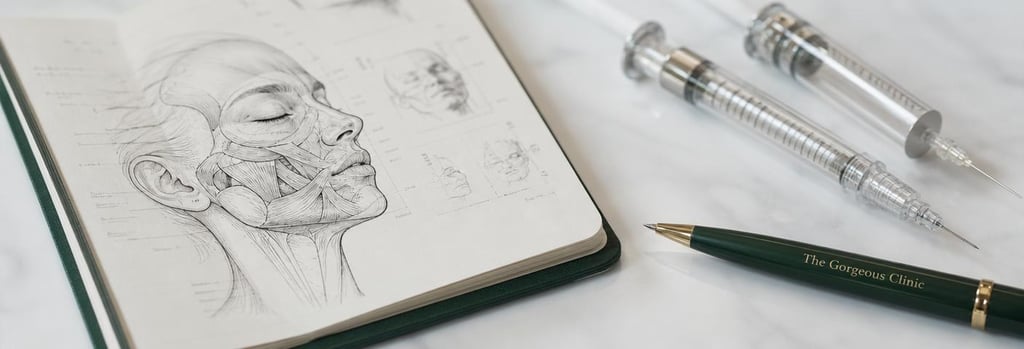 Photorealistic close-up of anatomy notes beside polished syringes and a clinic pen, pages without readable labels, forest green notebook edge visible, soft clinical light, single focal point, elegant editorial composition
