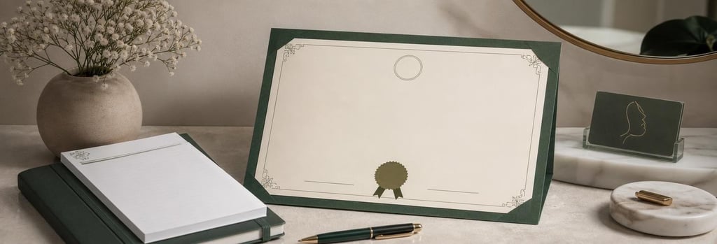 Photorealistic still life of a blank CPD certificate beside clinic notes and a neat pen, no readable text, cream and forest green accents, calm studio light, single focal point
