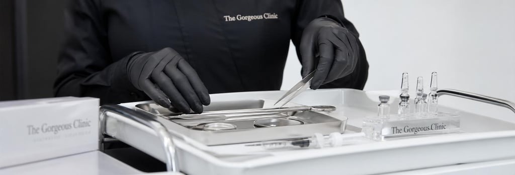 Photorealistic close-up of gloved hands arranging sterile training tools on a tray, no needles entering skin, clean clinical surfaces, calm soft light, composition focused on hands and instruments
