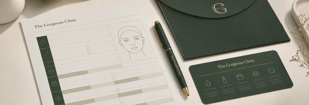 Photorealistic detail of a treatment planning sheet, clinic pen, and aftercare card on a cream surface, no readable text, forest green and soft gold accents, refined editorial composition