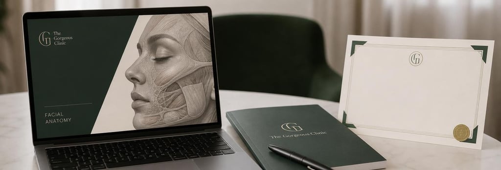 Photorealistic close-up of a laptop showing an abstract module titled facial anatomy, adjacent workbook and blank CPD certificate, no readable text, forest green accents, editorial lighting