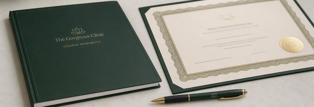 Photorealistic still life of closed course workbook and CPD-style certificate detail, forest green cover, cream desk, clinic pen, no readable text, editorial training feel