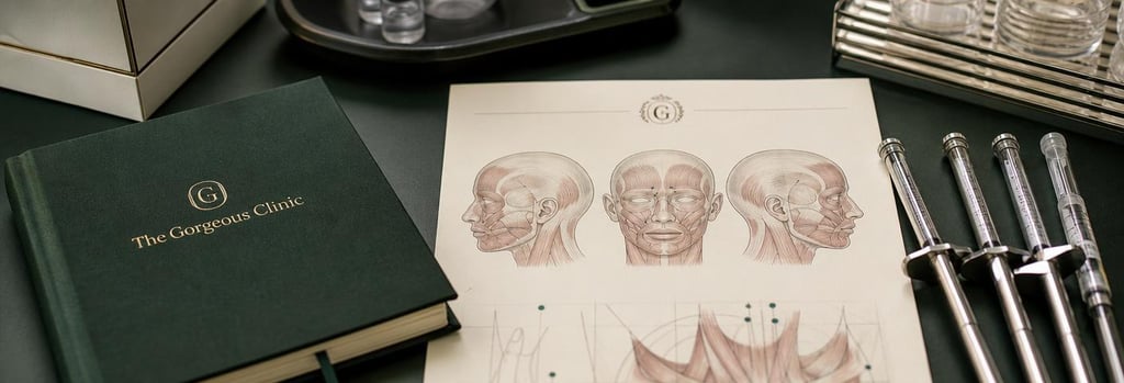 Photorealistic close-up of anatomy notes beside polished syringes and a treatment-mapping sheet, no readable labels, forest green and cream palette, soft clinical light