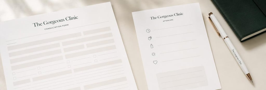 Photorealistic detail of consultation form and aftercare card on cream desk, clinic pen, soft forest green notebook, no readable text, editorial feel