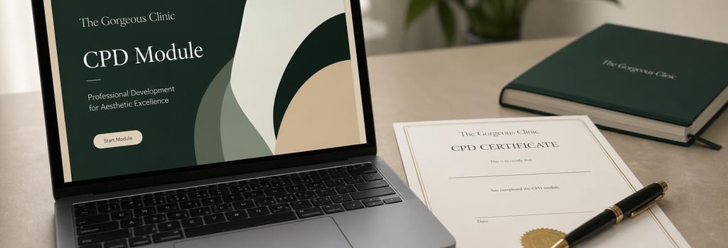 Photorealistic still life of a laptop showing an abstract CPD module, blank CPD certificate beside a polishing pen, cream desk, forest green notebook, shallow depth-of-field, editorial training mood
