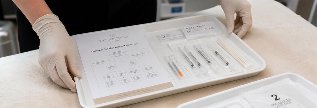 Photorealistic close-up of gloved hands arranging a sterile tray with single-use instruments and an anonymised complication flowchart, soft cream surface, editorial clinical training feel