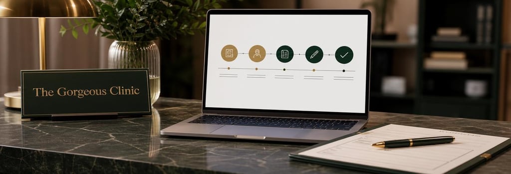 Photorealistic still life of a laptop showing an abstract course checklist, a clinic pen and a blank consultation form without readable text, warm gold and forest green accents, shallow depth of field, neat editorial composition