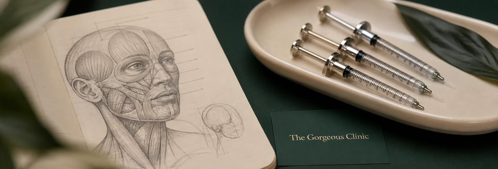Photorealistic close-up of anatomy notes beside polished syringes, anatomy sketch without readable labels, clean cream ceramic tray, forest green background hints, editorial clinical-education feel, soft light, single focal point