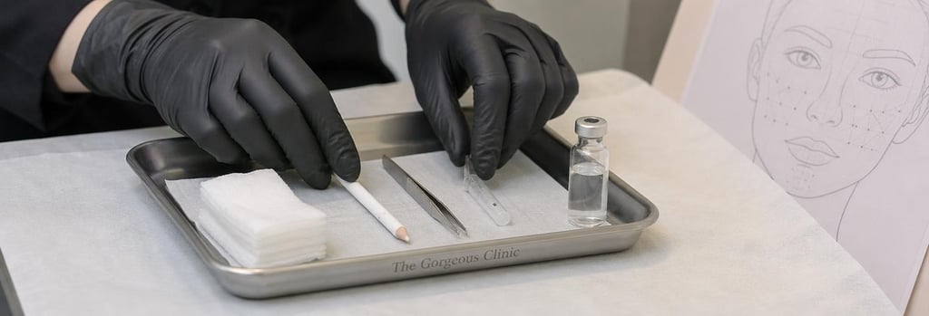 Photorealistic close-up of gloved hands arranging sterile training tools on a tray, sterile gauze, small vial, and a treatment mapping sheet without readable text, calm clinical lighting, single focal point