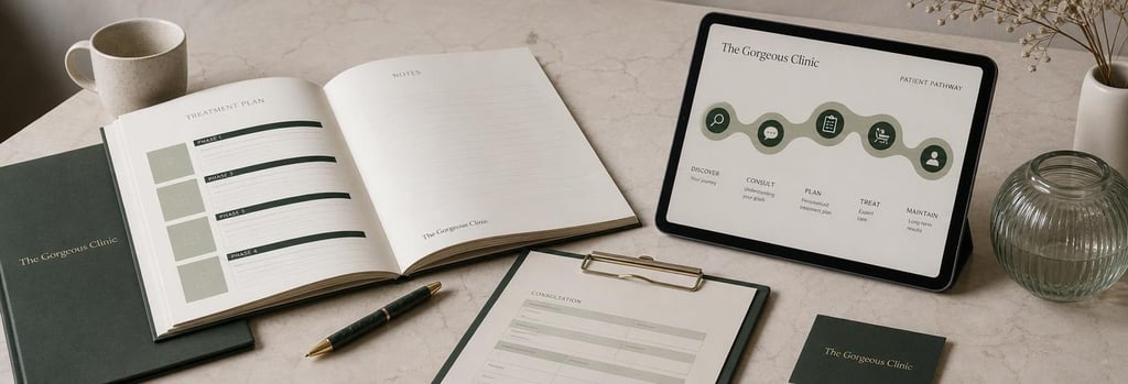 Photorealistic still life of a treatment-plan workbook open beside a tablet showing an abstract patient pathway, consultation form without readable text, soft cream and forest green palette, editorial clinical-education mood
