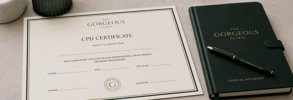 Photorealistic detail of a blank CPD certificate beside a clinical notebook and clinic pen, forest green and cream tones, generous negative space, editorial training feel