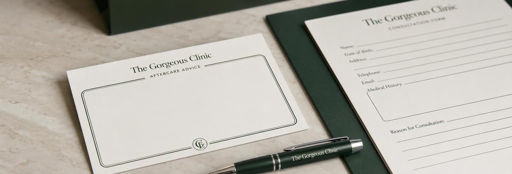 Photorealistic detail of a blank aftercare card beside a clinic pen and consultation form, cream and forest green palette, simple clinical composition, shallow depth of field