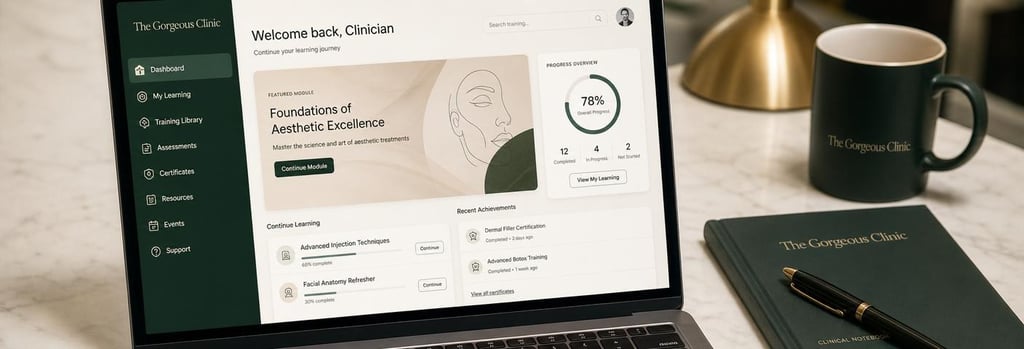 Photorealistic close-up of a laptop showing an abstract aesthetics e-learning dashboard, clinical notebook and pen beside it, soft cream and forest green tones, shallow depth of field, editorial training detail