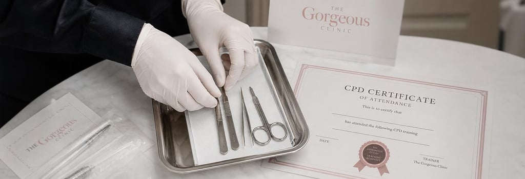 Photorealistic close-up of gloved hands arranging sterile training tools on a tray, polished instruments, gloves, and a blank CPD certificate visible nearby, calm clinical light