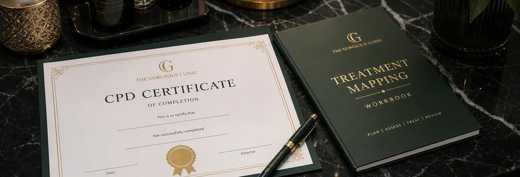 Photorealistic still life of a blank CPD certificate beside a polished clinic pen and a treatment mapping workbook, forest green and gold accents, editorial training composition