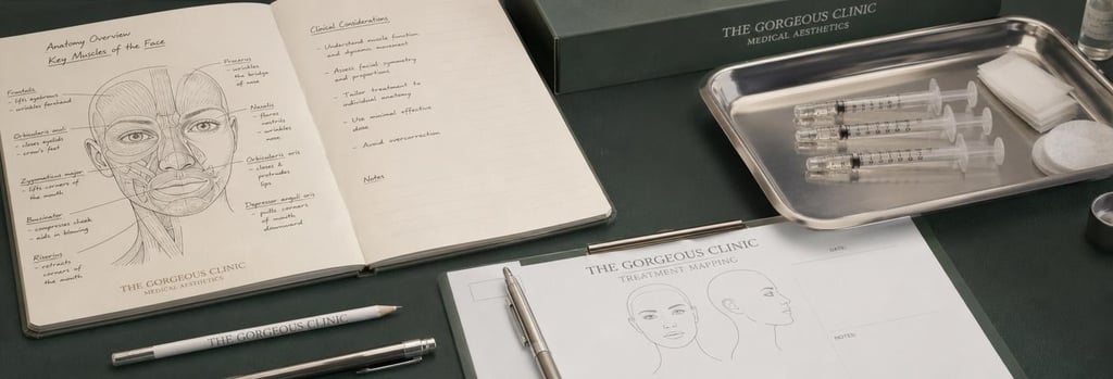 Photorealistic still life of anatomy notes beside polished syringes and a sterile tray, clinical pen and blank treatment mapping sheet visible, forest green and cream tones, editorial medical-education detail