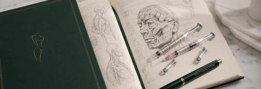 Photorealistic still life of anatomy notes beside polished syringes and a clinic pen, close-up texture, forest green notebook, no readable text, editorial medical-education feel.