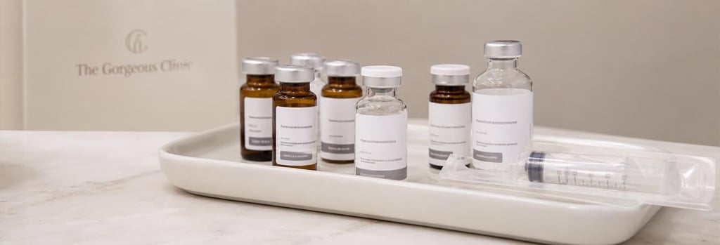 Photorealistic close-up of labelled but non-readable product vials and a sterile tray, cream ceramic tray, soft light, editorial clinical training still life.