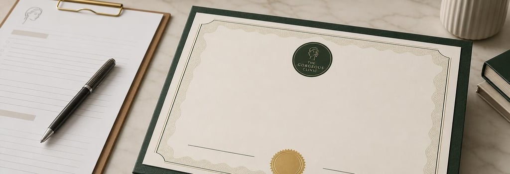 Photorealistic detail of a blank CPD certificate beside clinic notes and a pen, cream and forest green palette, editorial feel, no readable text.