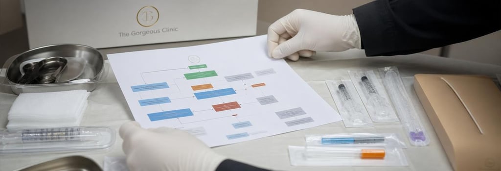 Photorealistic close-up of gloved hands arranging sterile training tools and a printed complication flowchart with no readable text, soft neutral background.