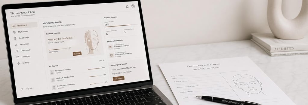 Photorealistic close-up of a laptop showing an abstract aesthetics e-learning dashboard beside a treatment planning sheet and clinic pen, generous negative space, editorial training mood.