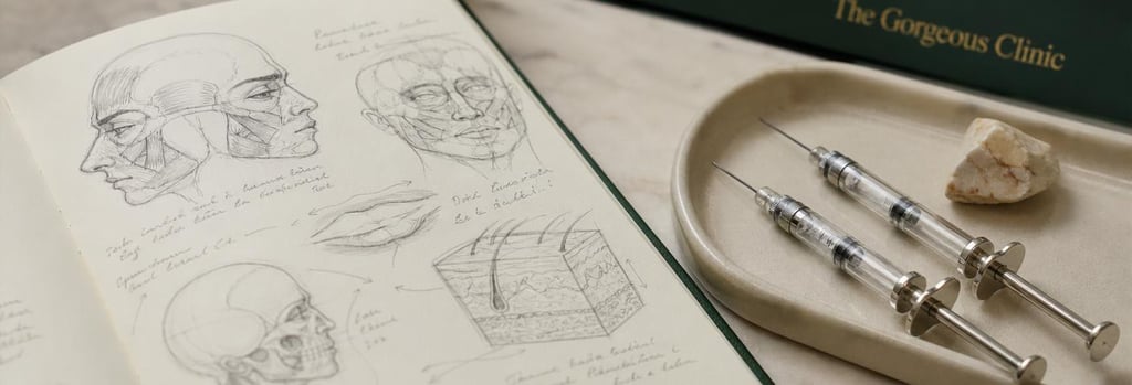 Photorealistic close-up of anatomy notes beside polished syringes, labelled only by shapes not readable text, forest green notebook edge, cream ceramic tray, shallow depth-of-field, editorial training still life