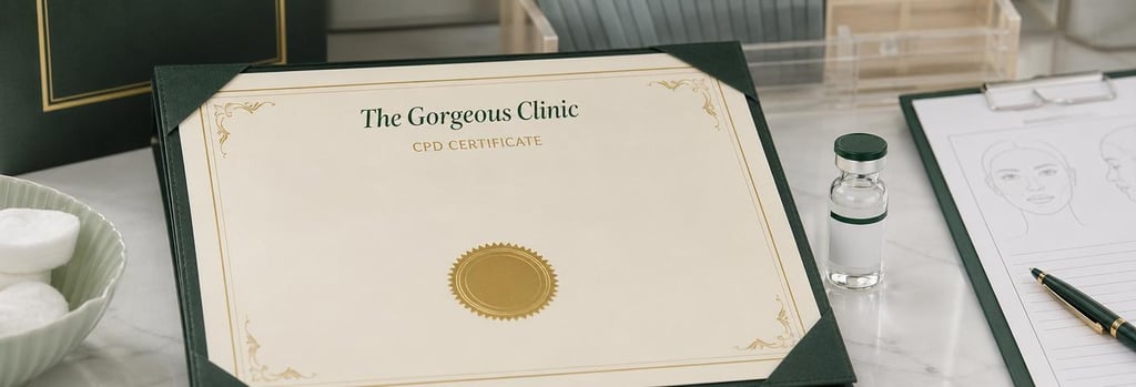 Photorealistic close-up of a blank CPD certificate beside a vial of hyaluronidase and clinic notes, no readable text, cream and forest green palette, editorial clinical-safety composition
