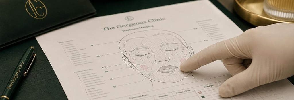 Photorealistic still life of a treatment mapping sheet with non-readable facial anatomy diagram, clinic pen, and gloved hand pointing at the lip region, forest green and warm cream tones, editorial clinical-education feel