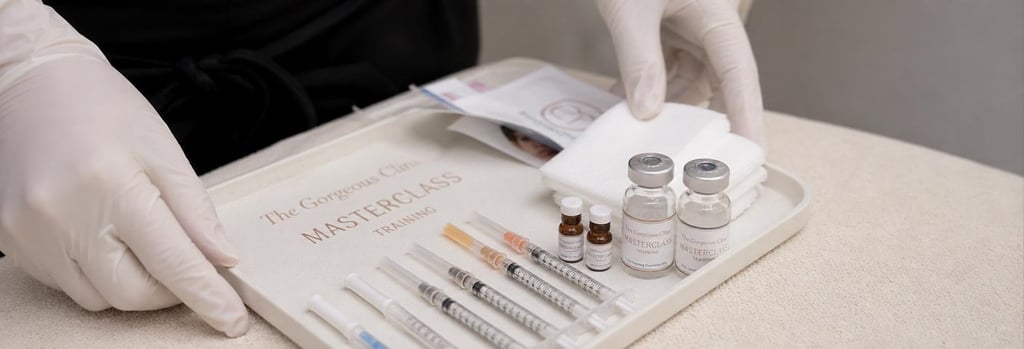 Photorealistic close-up of gloved hands arranging sterile training tools on a tray, including syringes and vials, soft cream surface, shallow depth-of-field, clinical masterclass preparation aesthetic