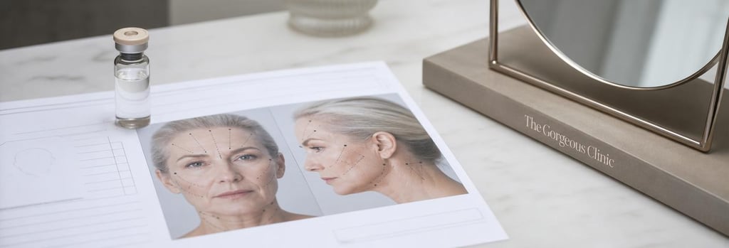 Photorealistic close-up of a treatment-planning sheet showing facial mapping for a mature face, a small vial and a clinic mirror nearby, soft neutral tones, no readable text, elegant clinical composition
