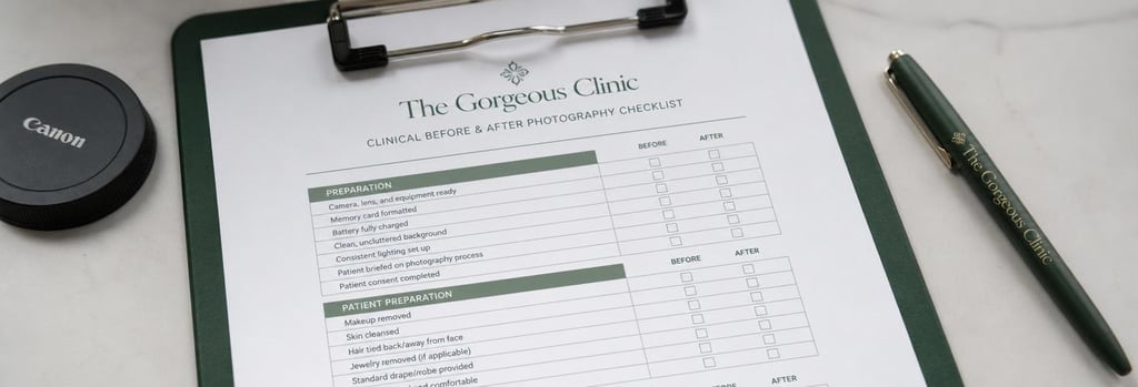 Photorealistic close-up of clinical before-and-after photography checklist on a clipboard, camera lens cap and clinic pen, clean composition, forest green accents, no readable patient images