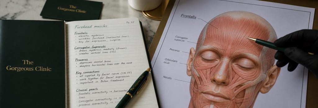 Photorealistic still life of anatomy notes beside a clear labelled (non-readable) forehead muscle diagram, clinic pen and gloved hand pointing to the frontalis area, shallow depth-of-field, forest green and cream accents, editorial clinical-education mood