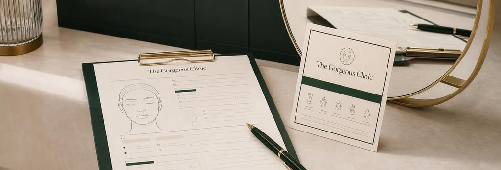 Photorealistic detail of a consultation form and aftercare card beside a clinic mirror and pen, cream and forest green accents, clear focal point, no readable text, editorial clinical-education mood