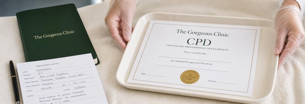 Photorealistic close-up of gloved hands arranging a sterile tray with a blank CPD certificate and treatment notes nearby, soft cream surface, forest green notebook, editorial clinical-education feel