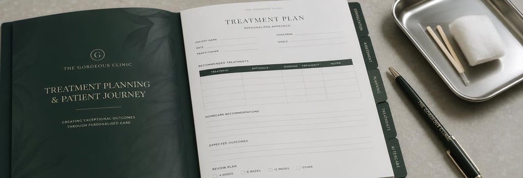 Photorealistic detail of a premium workbook opened to a treatment planning page, clinic pen and a small sterile tray visible, forest green and cream tones, editorial e-learning and masterclass preparation