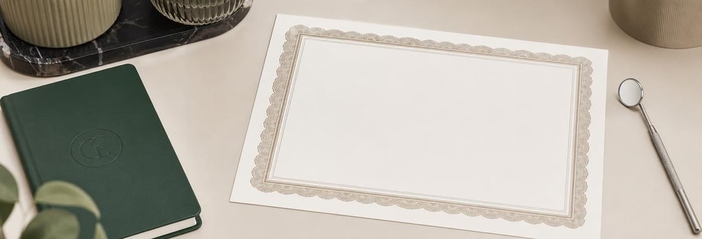 Photorealistic still life of a blank CPD certificate beside clinic notes and a small clinician mirror, cream surface, forest green notebook visible, no readable text, editorial lighting